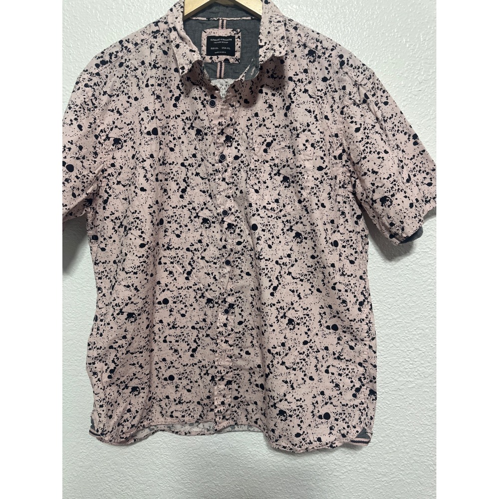 Sunrise Kingdom Mens XL Pink Black Paint Splatter Short Sleeve Button Down Shirt